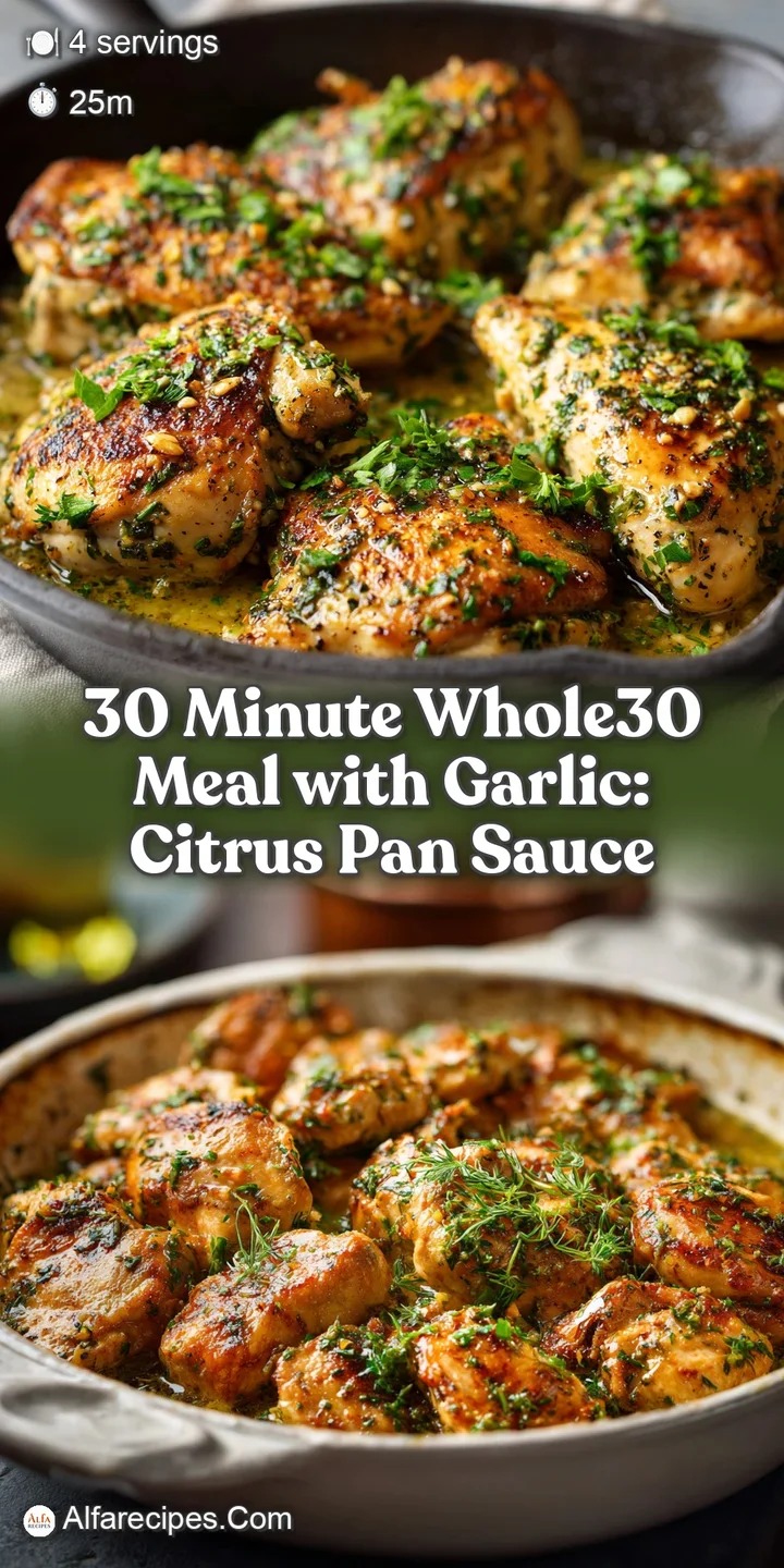 Close-up shows juicy, tender chicken with crispy, golden-brown edges, next to softened garlic cloves with a glistening, ca...