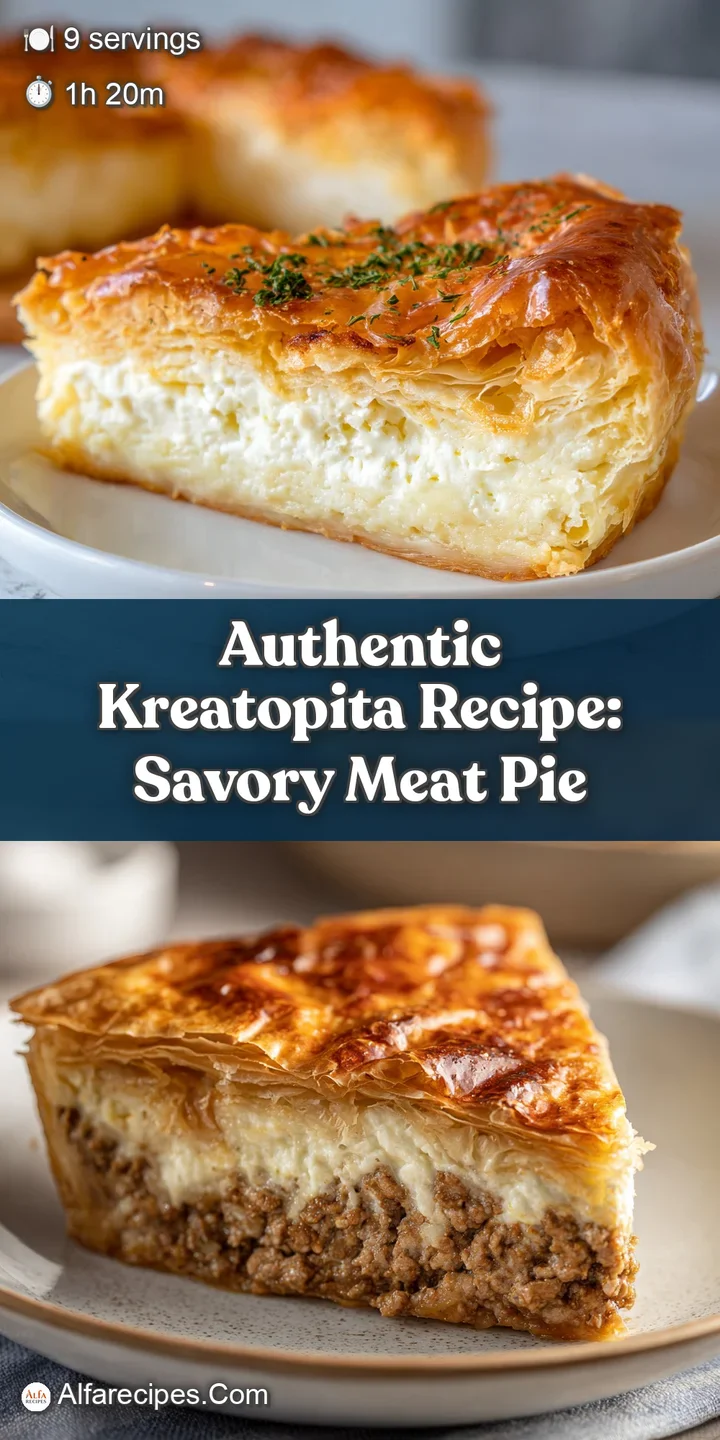 Close-up of kreatopita filling. Ground meat, herbs, and cheese blend in a savory, textured mix. Baked golden crust.