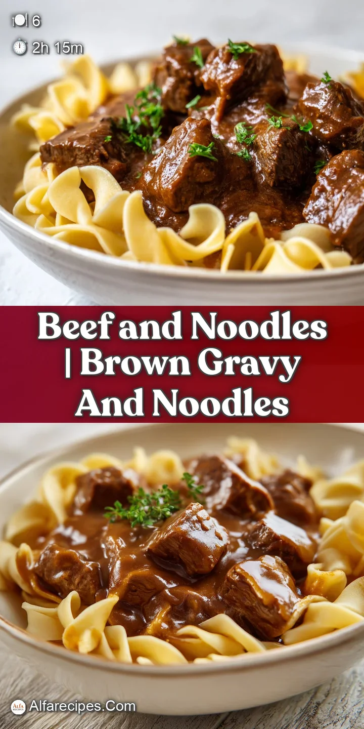 Close-up of succulent, fork-tender beef chunks and wide noodles coated in a shimmering, savory dark brown sauce.