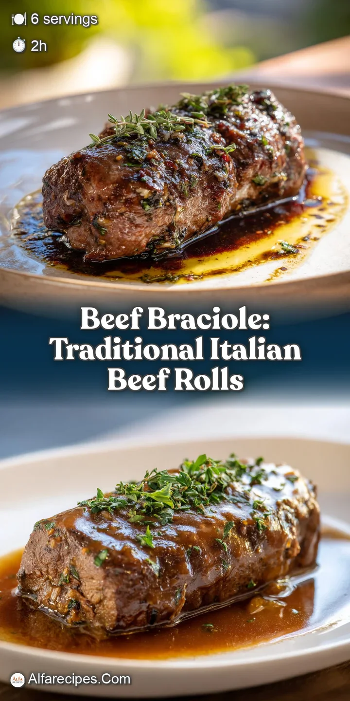 Close-up reveals juicy beef braciole, glistening tomato sauce, and fresh herb flecks, hinting at a flavorful and satisfyin...