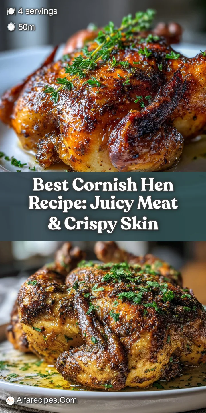 Close-up of a glistening, perfectly roasted Cornish hen. Crisp, caramelized skin and succulent meat are mouthwatering.