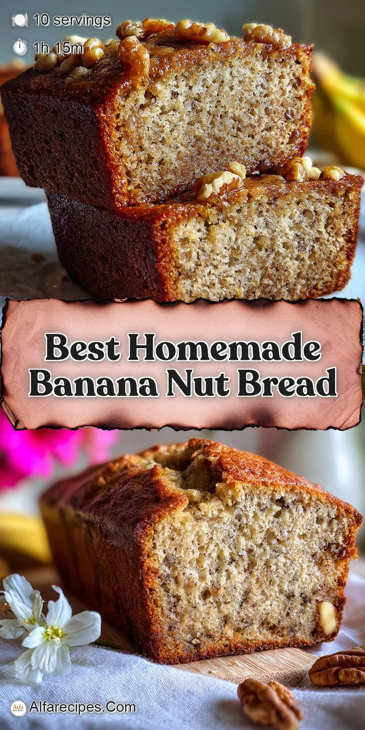 Close-up of banana nut bread highlighting moist crumb, scattered walnuts, and golden baked crust, promising a sweet, nutty...