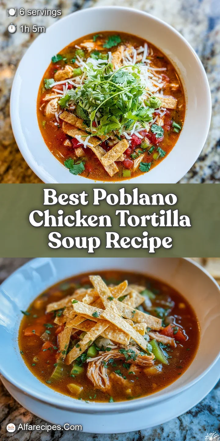 Close-up of savory chicken tortilla soup with melted cheese, diced tomatoes, and a swirl of creamy sour cream.