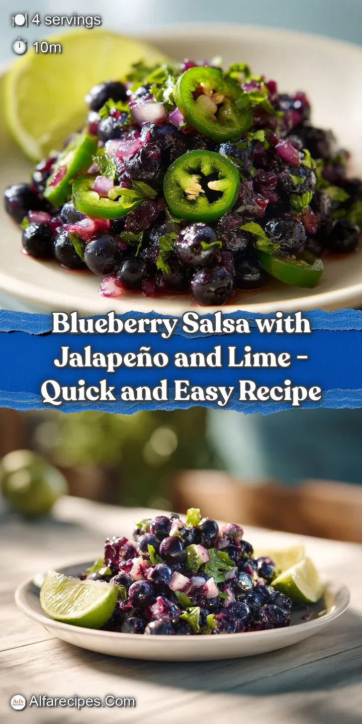 Close-up of fresh blueberry salsa: glistening blueberries, finely diced jalape&ntilde;o and red onion create a burst of color and...