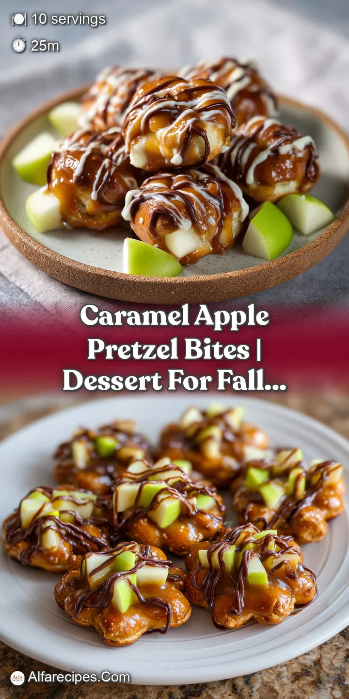 Close-up of a gooey caramel and melted chocolate drip over a crisp apple slice and salty, crunchy pretzel base.