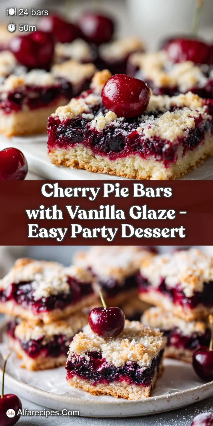 Close-up of a fork-tender cherry pie bar revealing a ruby-red filling and a streak of creamy vanilla glaze.