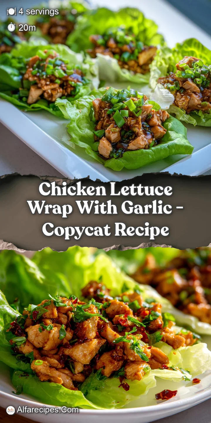 Close-up of a chicken lettuce wrap showcasing savory, juicy chicken filling, crisp lettuce, and a scattering of toasted se...