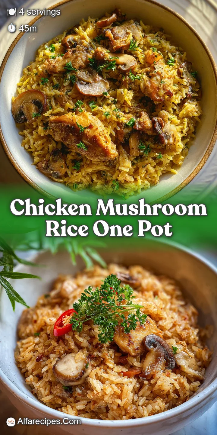 Close-up reveals the creamy texture of mushroom rice, savory bits of juicy chicken, and fragrant herbs. Delicious comfort ...