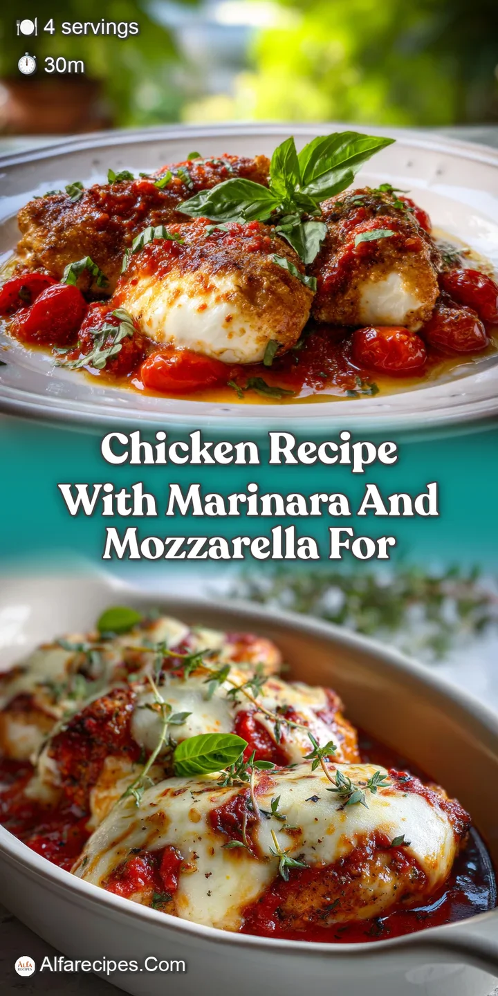 Close-up on baked chicken: bubbly, golden mozzarella melting into rich red marinara sauce, creating tempting texture.