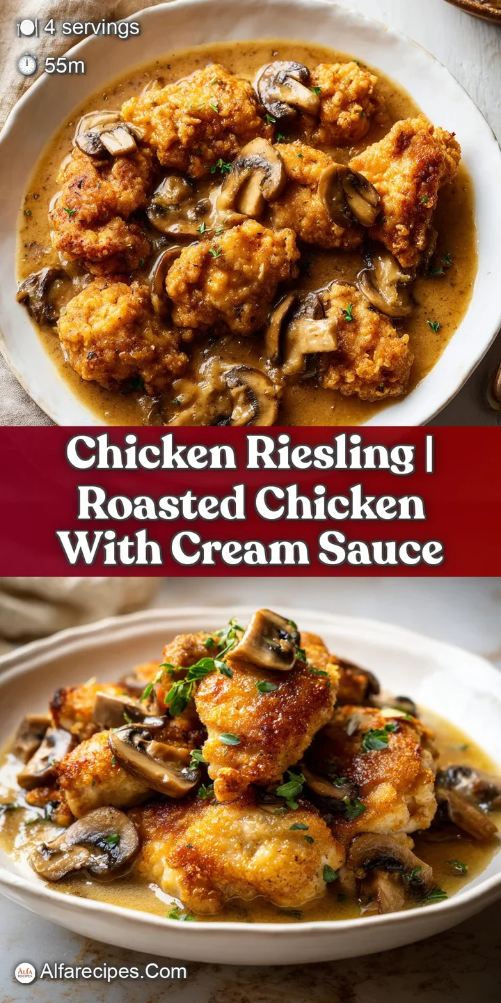 Extreme close-up of succulent chicken in a rich, velvety cream sauce with glistening mushrooms and fresh herbs.