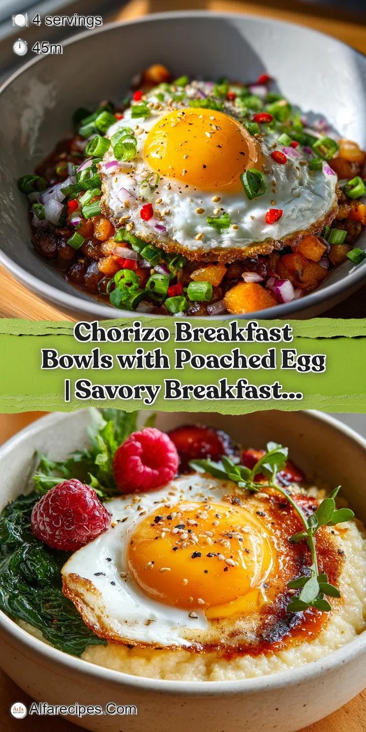 Close-up showcases a golden poached egg oozing over spicy chorizo, nestled amongst vibrant greens. Warm, savory, and invit...