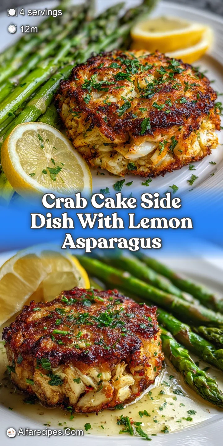 Appetizing close-up of a juicy crab cake with visible crab meat, beside vibrant green asparagus spears and a glistening le...