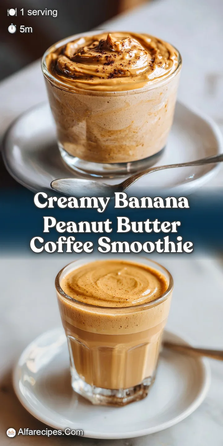 Close-up of tan smoothie. Swirls of thick peanut butter, fresh banana, and shiny coffee beans. Creamy texture and inviting...