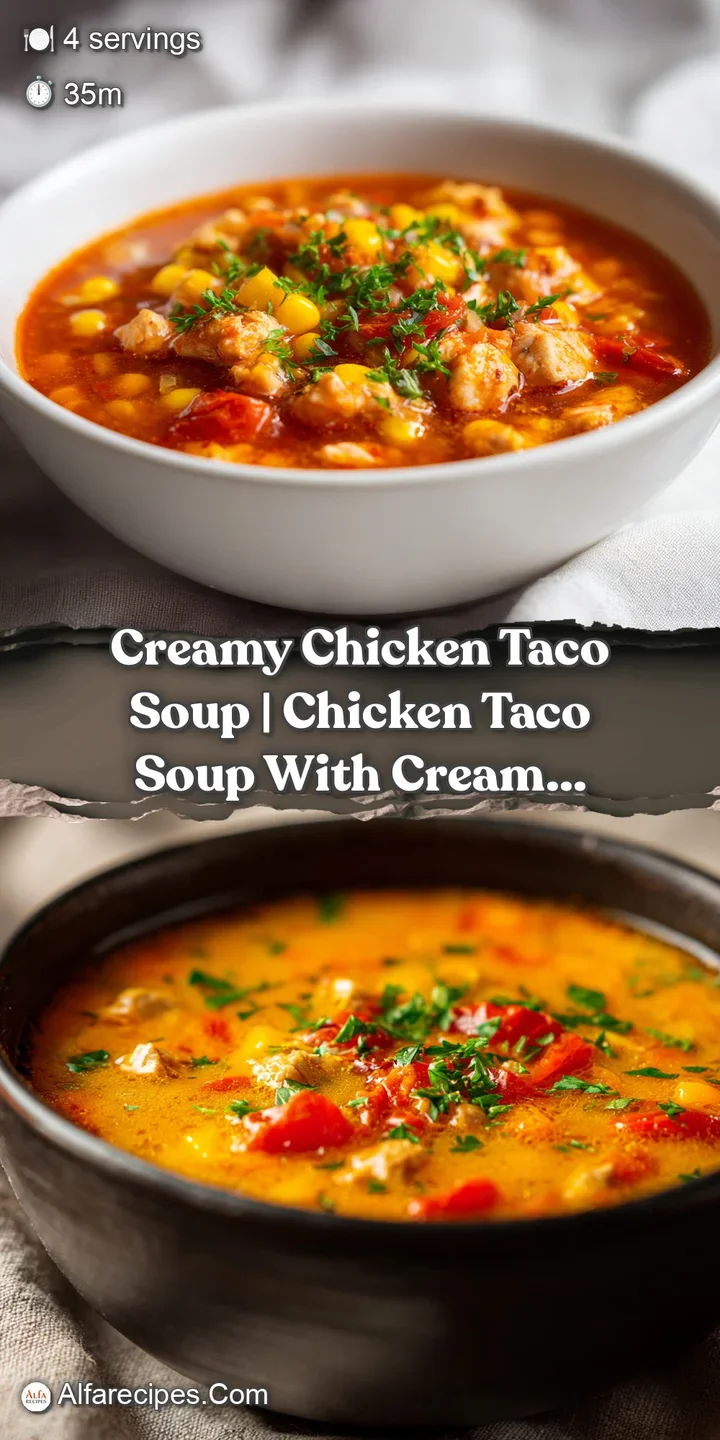 Close-up of creamy reddish-orange broth with chunks of tender chicken and ribbons of melted white cream cheese.