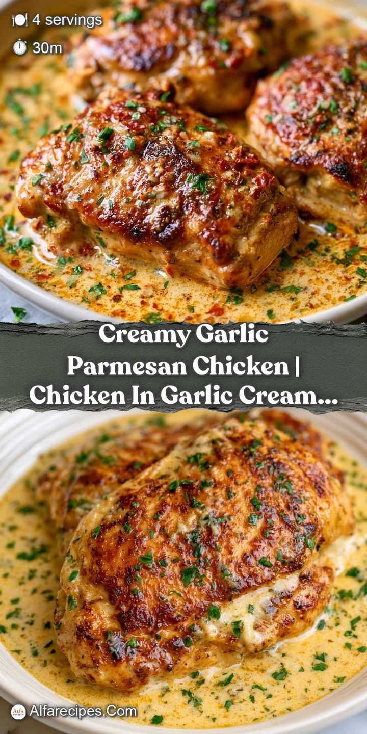 Extreme close-up of tender chicken breast with a glistening, creamy garlic sauce and a sprinkle of green herbs.
