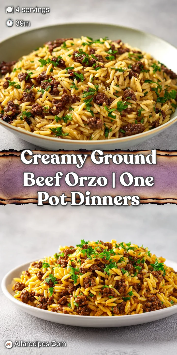 Close-up of velvety cream sauce coating rice-shaped pasta and juicy browned beef crumbles with a hint of steam