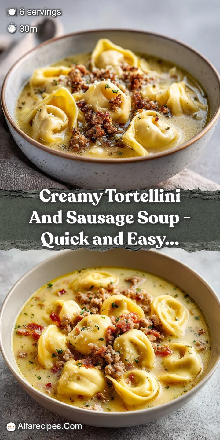 Extreme close-up of soft tortellini and browned sausage bits in a thick, creamy golden broth with wilted spinach.