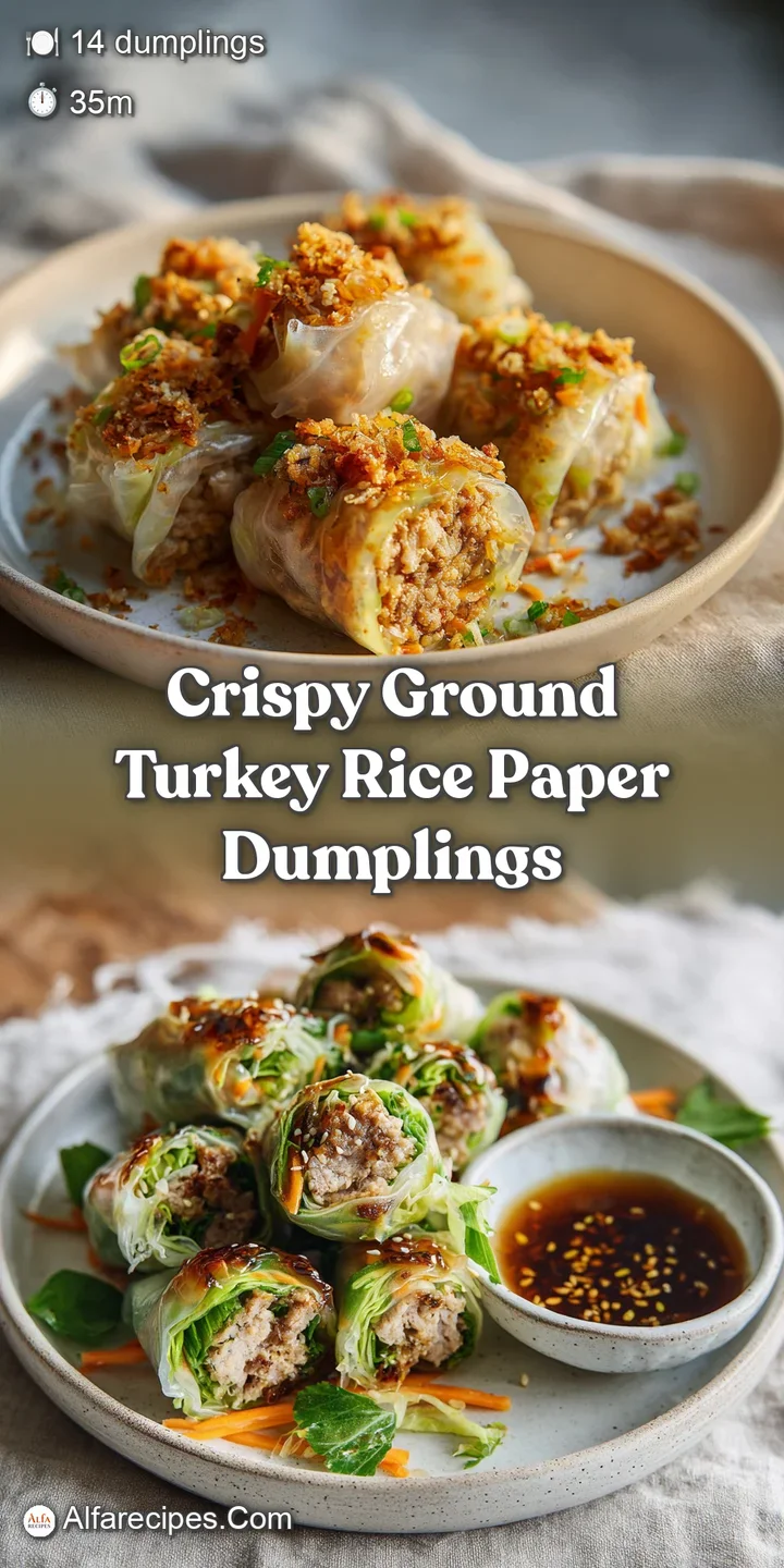Close-up of a perfectly crisp, translucent rice paper dumpling revealing savory ground turkey filling. Mouthwatering textu...