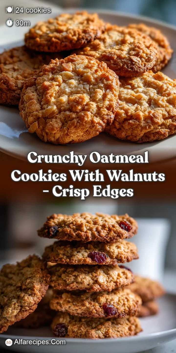 Close-up of a crunchy oatmeal cookie studded with walnuts, showcasing its golden hue and slightly crisp edges, delicious.