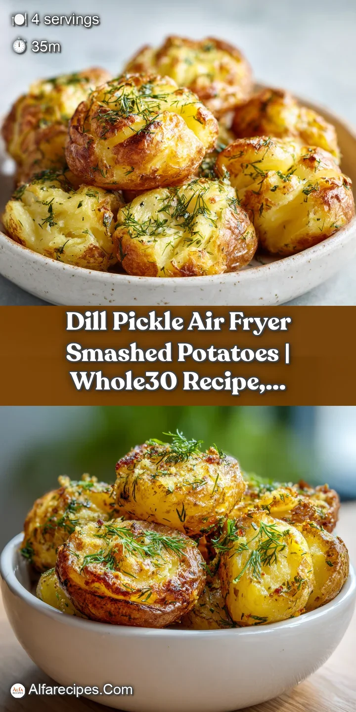 Close-up of perfectly crisp, golden smashed potato halves glistening with a hint of oil and sprinkled with dill.