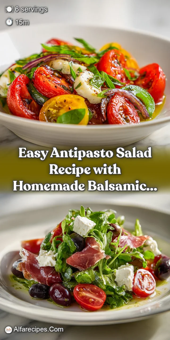 Close-up of an antipasto salad featuring glistening marinated artichoke hearts and fresh mozzarella balls, coated in olive...