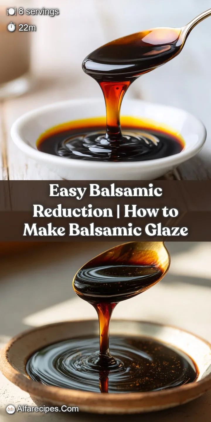 Close-up of rich, dark balsamic reduction, thick and glossy. Captures its deep color, smooth texture, and intense aromatic...