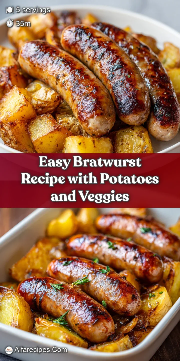 Close-up of juicy, browned bratwurst and tender potatoes, highlighting the savory texture and seasonings.