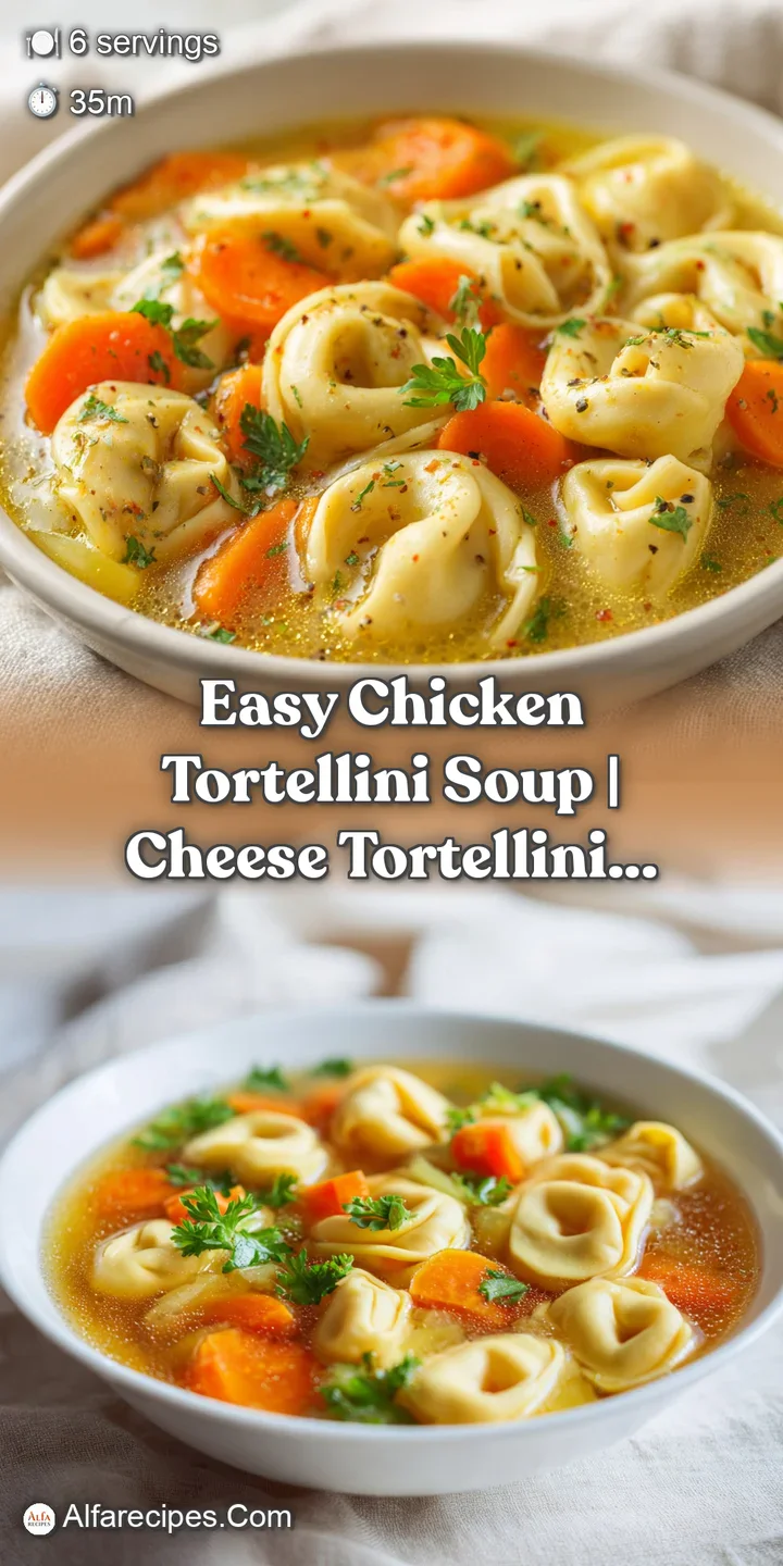 Close-up of a plump cheese tortellini and shredded chicken in a rich, velvety cream sauce with flecks of herbs.