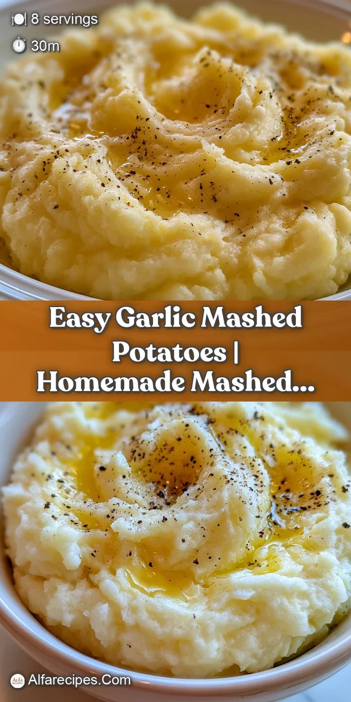 Close-up of fluffy, whipped white potatoes with visible bits of roasted garlic and a glossy, golden butter swirl.