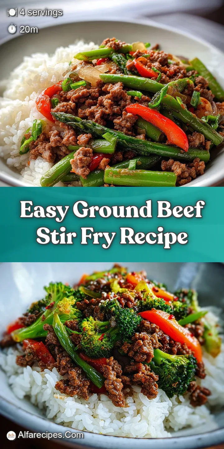 Close-up shows savory ground beef stir fry with glistening sauce and a mix of crisp, colorful bell peppers and onions, inv...