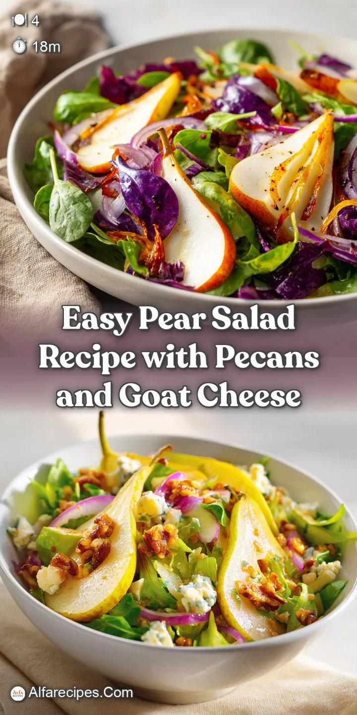 Close-up capturing the juicy pear slices, salty cheese and crunchy pecans amidst fresh greens, glistening with a light vin...