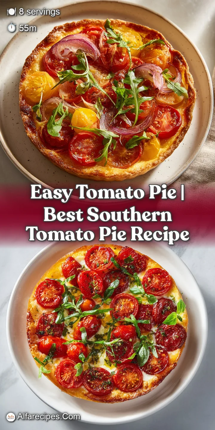 Close-up of a rich, red tomato pie with a glistening cheese topping and a perfectly golden, crisp crust.