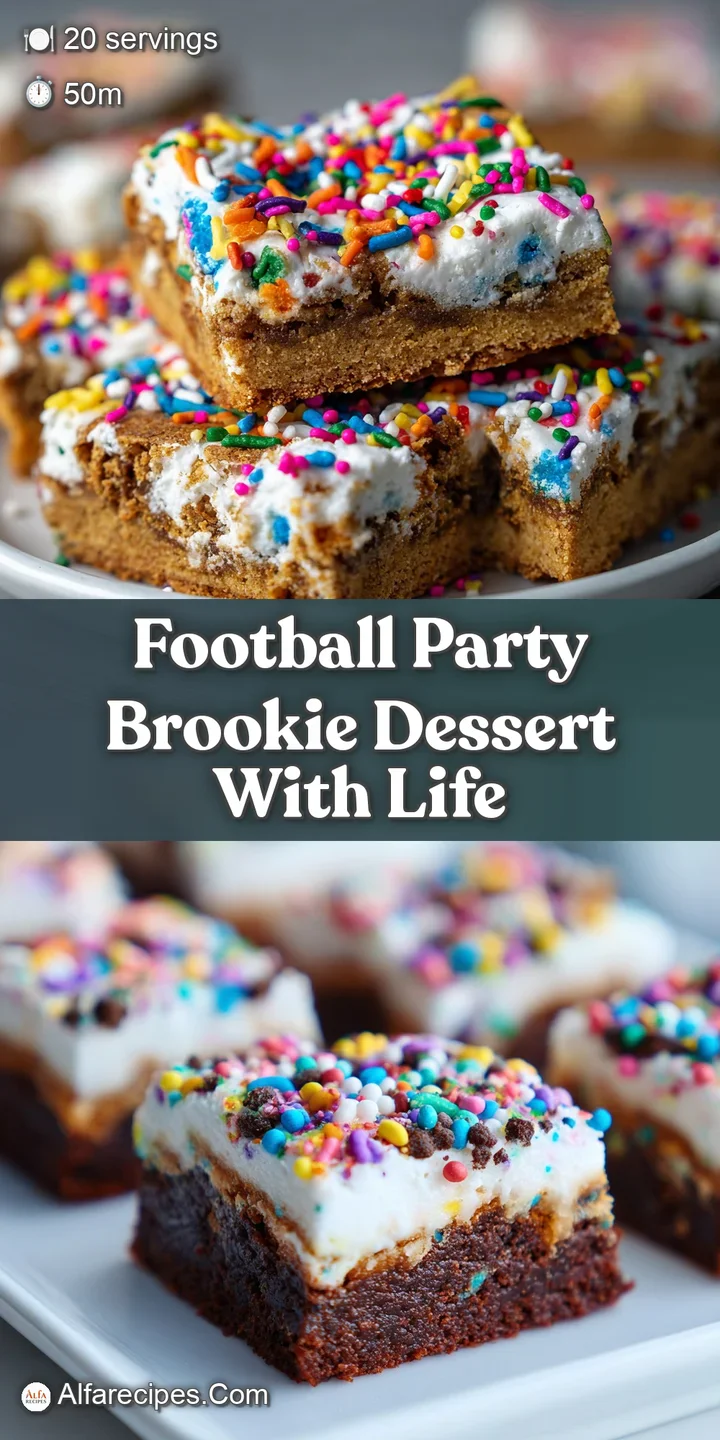 Close-up of a rich, fudgy brookie square, revealing the enticing chocolate chip cookie and brownie layers, speckled with r...