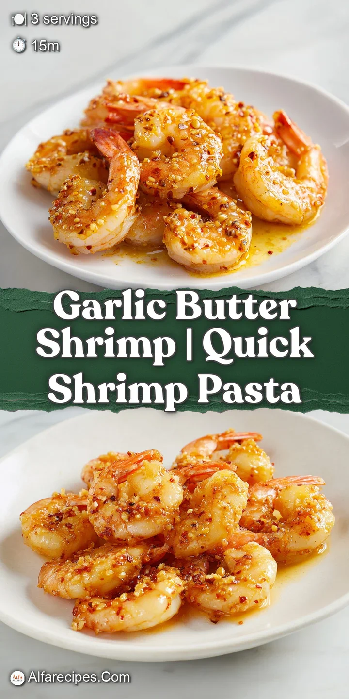 Extreme close-up of a juicy shrimp coated in shimmering butter and aromatic golden garlic with fresh green herbs.