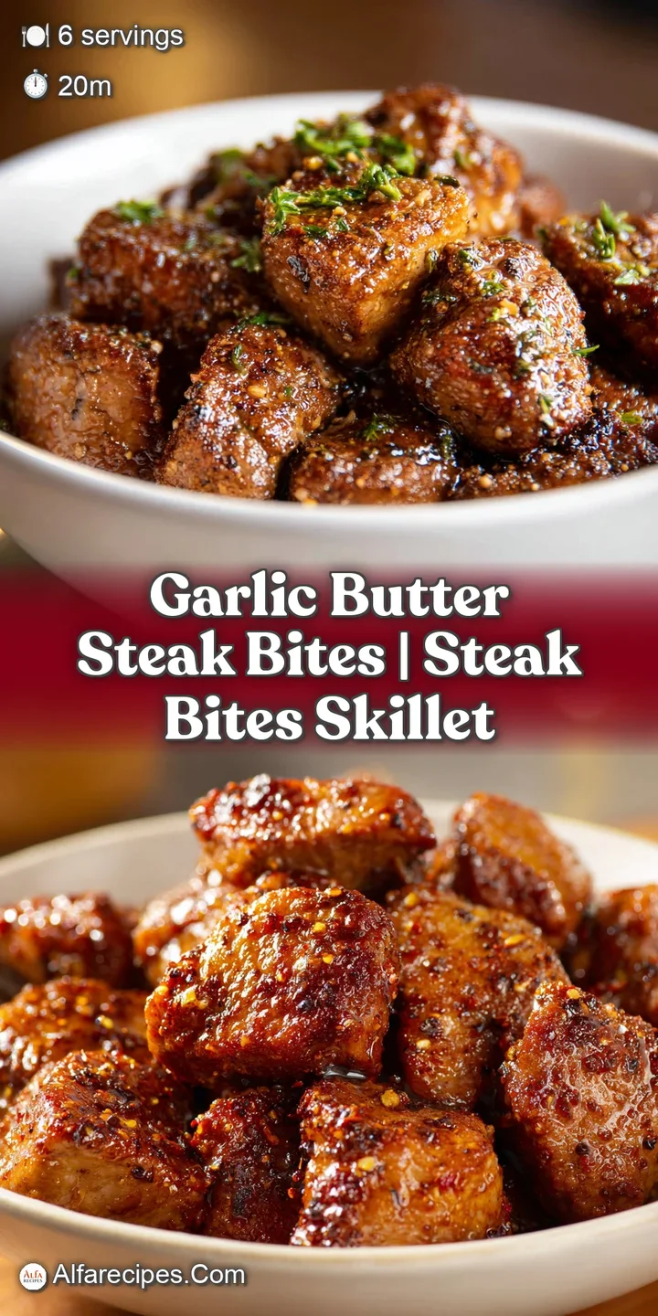 Macro shot of juicy, browned steak pieces coated in a glossy garlic butter glaze with toasted minced garlic bits.