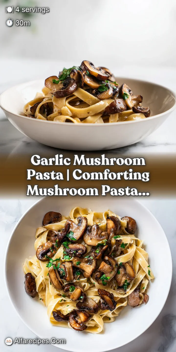 Close-up of glossy pasta strands drenched in a rich garlic sauce with tender, golden-brown mushroom slices.
