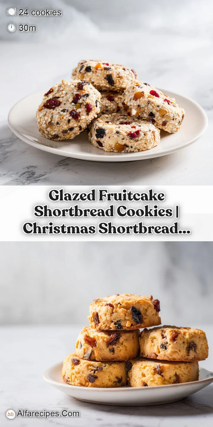 Close-up of a chewy fruitcake shortbread cookie, revealing bursts of colorful dried cranberries and citrus peel.