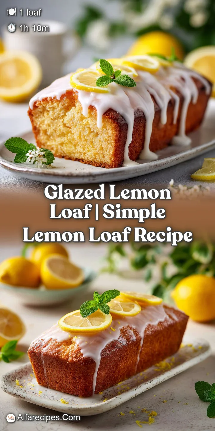 Close-up of a moist, citrusy lemon loaf slice, showcasing its soft texture and a vibrant, glossy glaze.