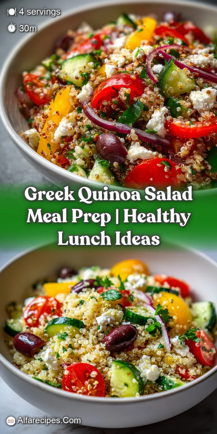 Close-up of glistening quinoa salad with crumbled feta. Olive oil dressing coats the vibrant red tomatoes and fresh herbs.