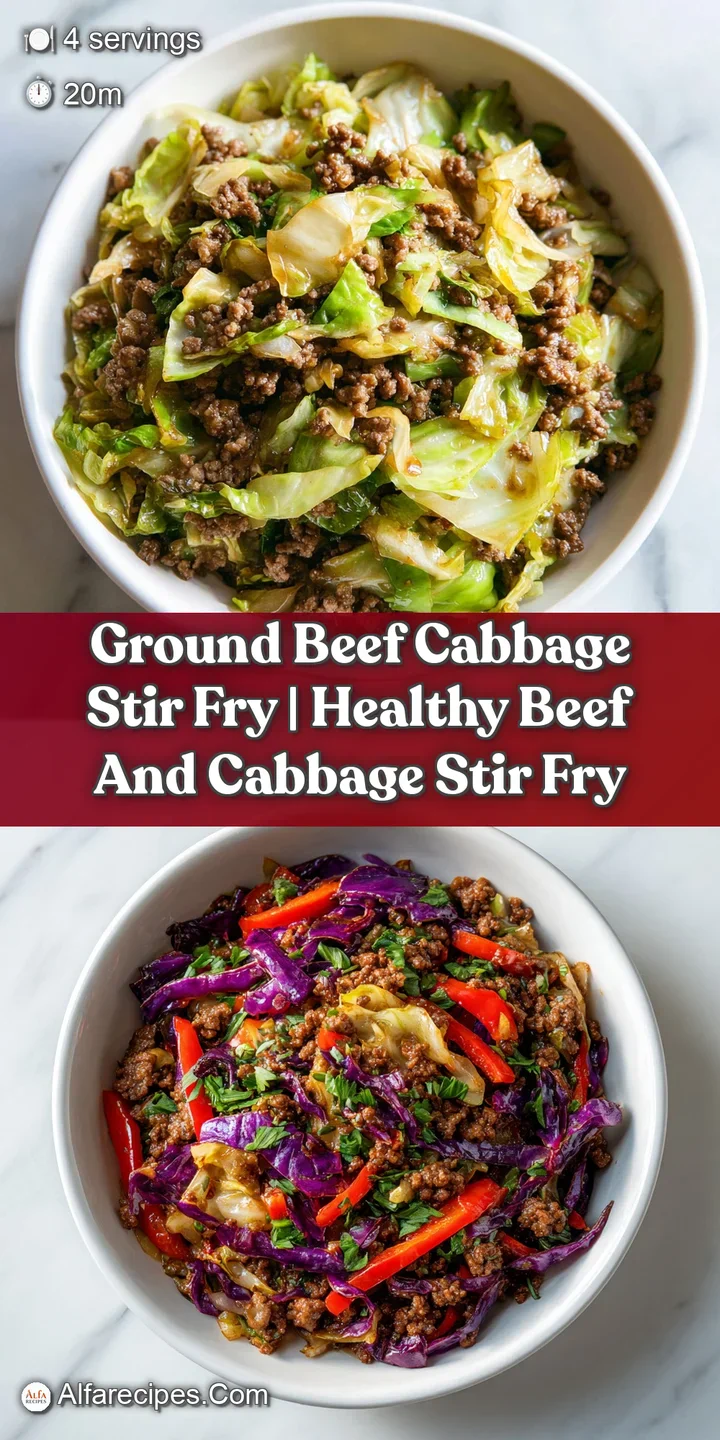 Close-up of glistening ground beef and cabbage stir-fry. Hints of garlic and ginger visible. Savory and fresh ingredients.