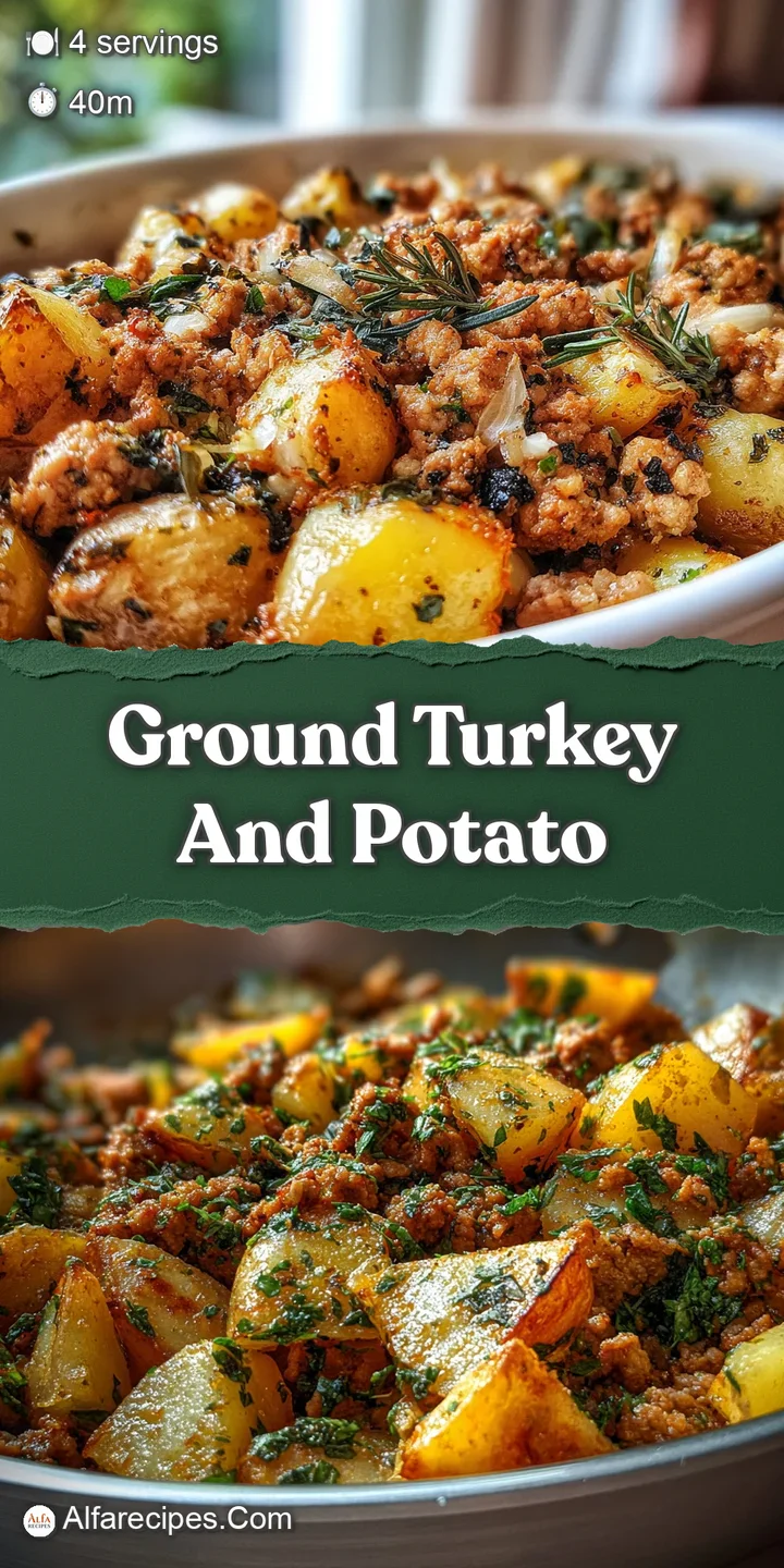 Close-up reveals crispy edges of baked potato slices intertwined with seasoned ground turkey, glistening with savory juice...