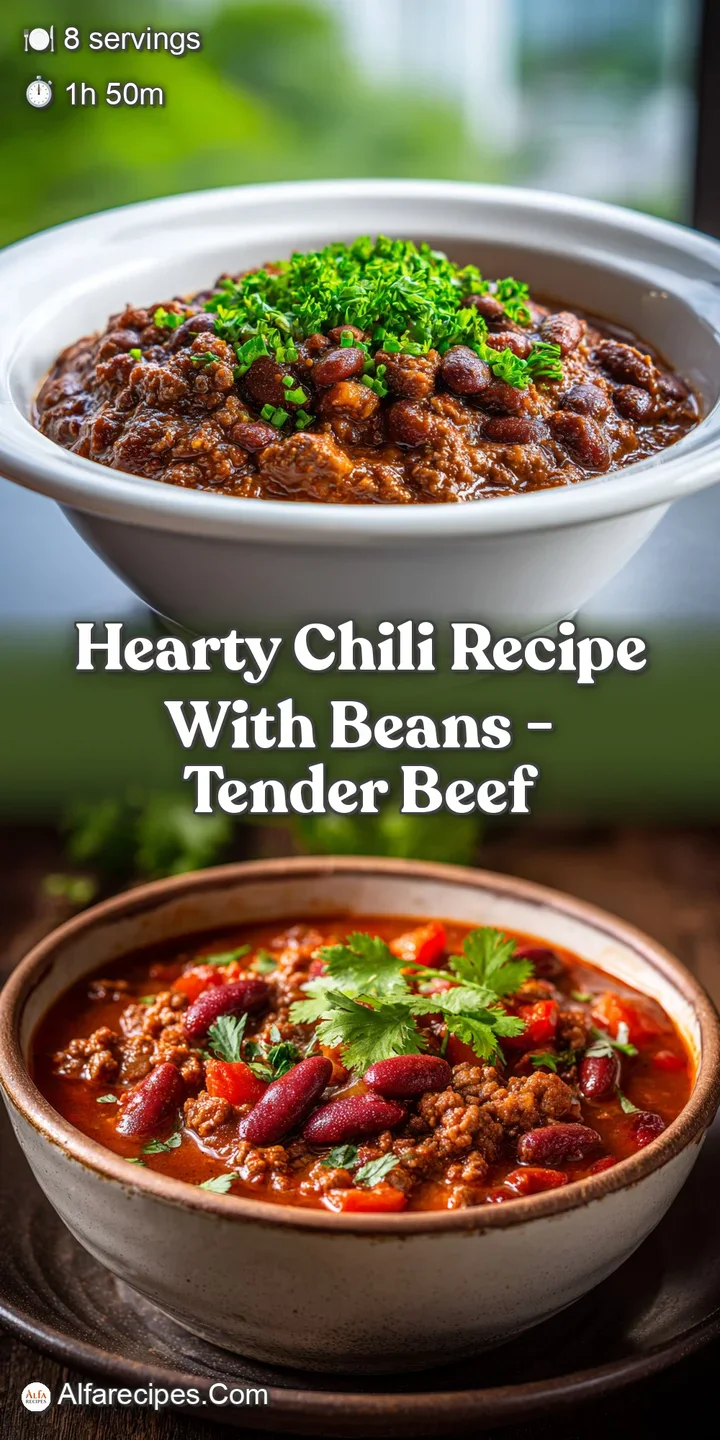 Close-up of hearty chili, steam rising. Visible textures of tender beans, diced tomatoes, and seasoned ground meat in rich...