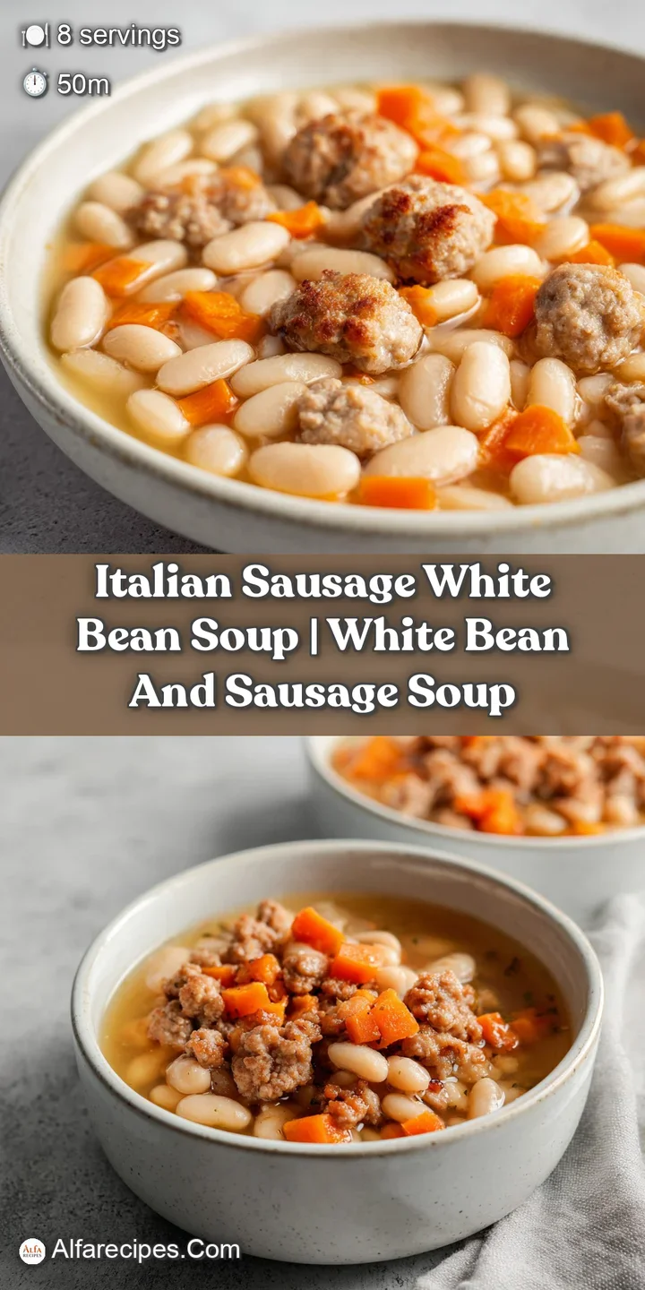 Close-up of tender white beans and savory browned sausage submerged in a rich, velvety cream-colored broth.