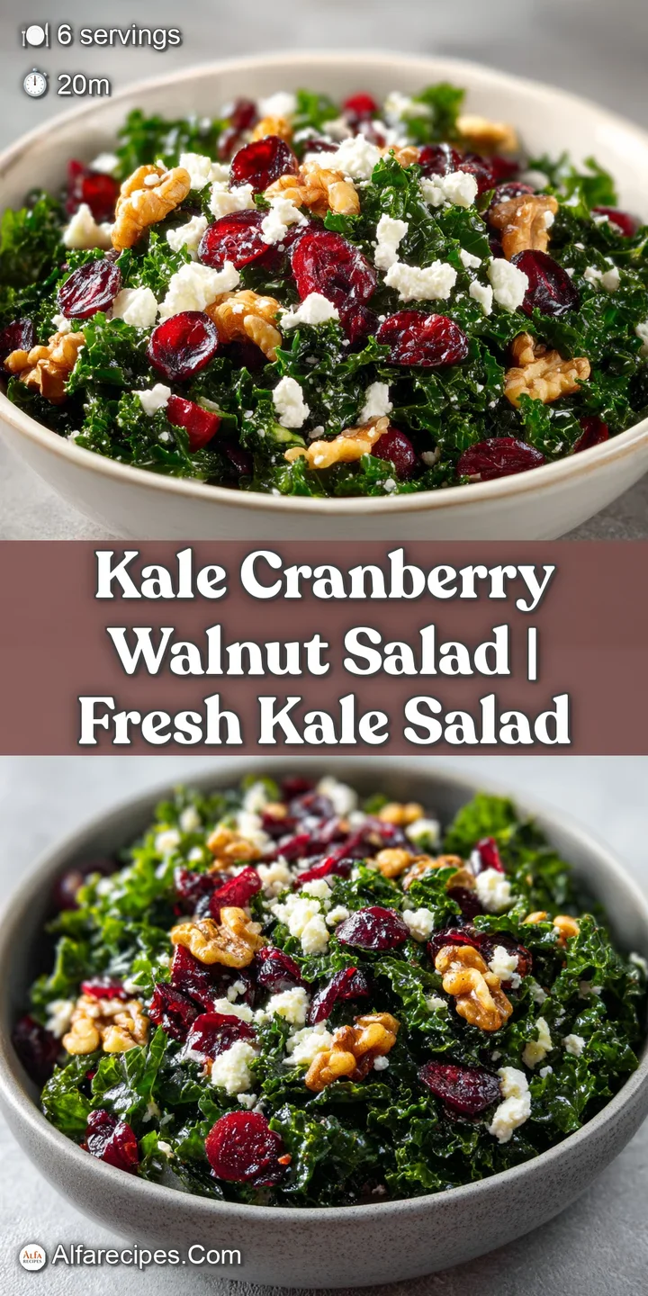 Close-up of crisp dark green kale leaves glistening with vinaigrette, accented by bright red berries and walnut halves.