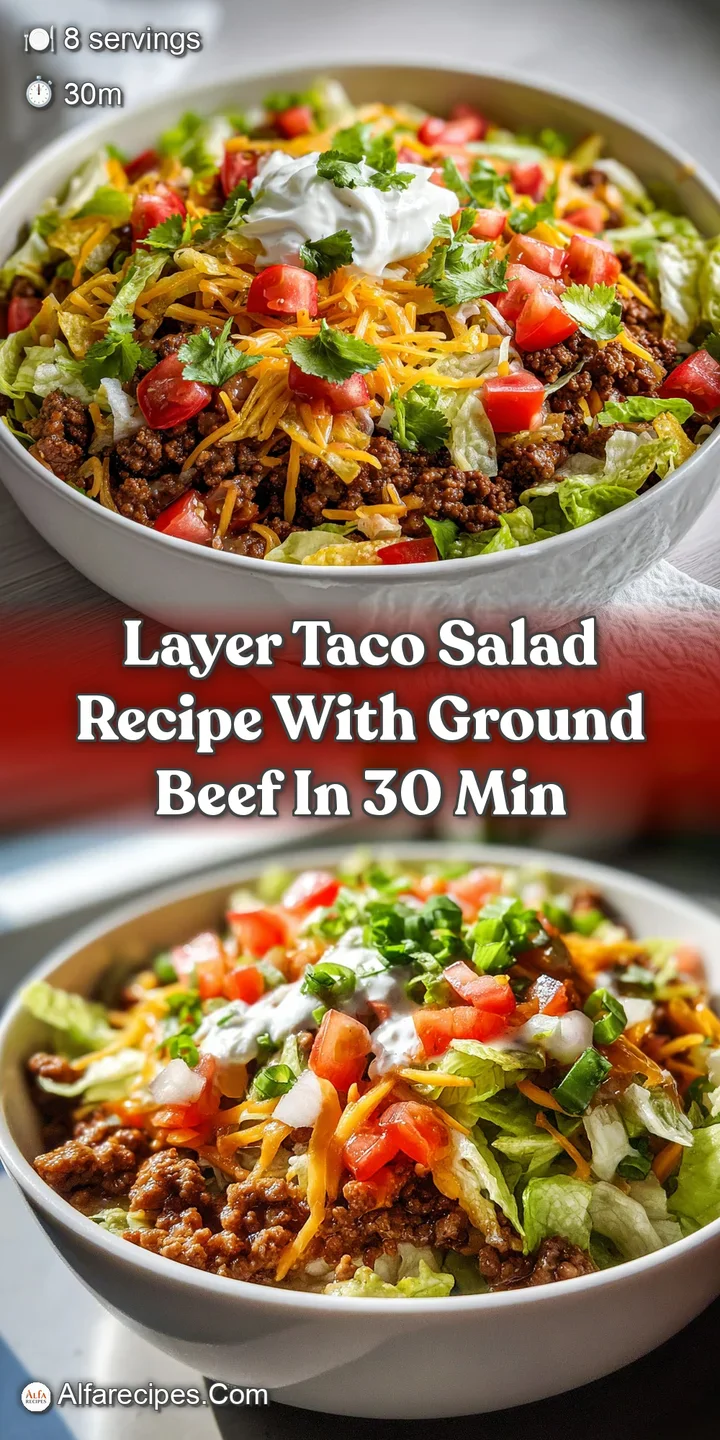 Close-up shows the rich texture of seasoned ground beef, crisp lettuce, juicy tomatoes, and creamy dressing of layered tac...