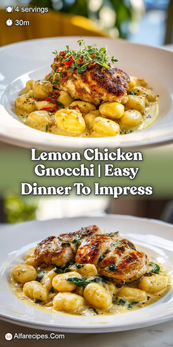 Close-up of velvety lemon cream sauce coating pillowy gnocchi and juicy golden-brown chicken breast pieces.