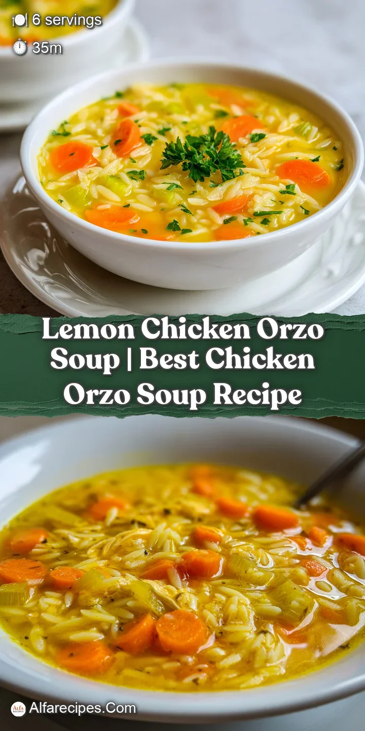 Close-up of tender chicken chunks and plump orzo pasta glistening in a zesty, translucent yellow citrus broth.