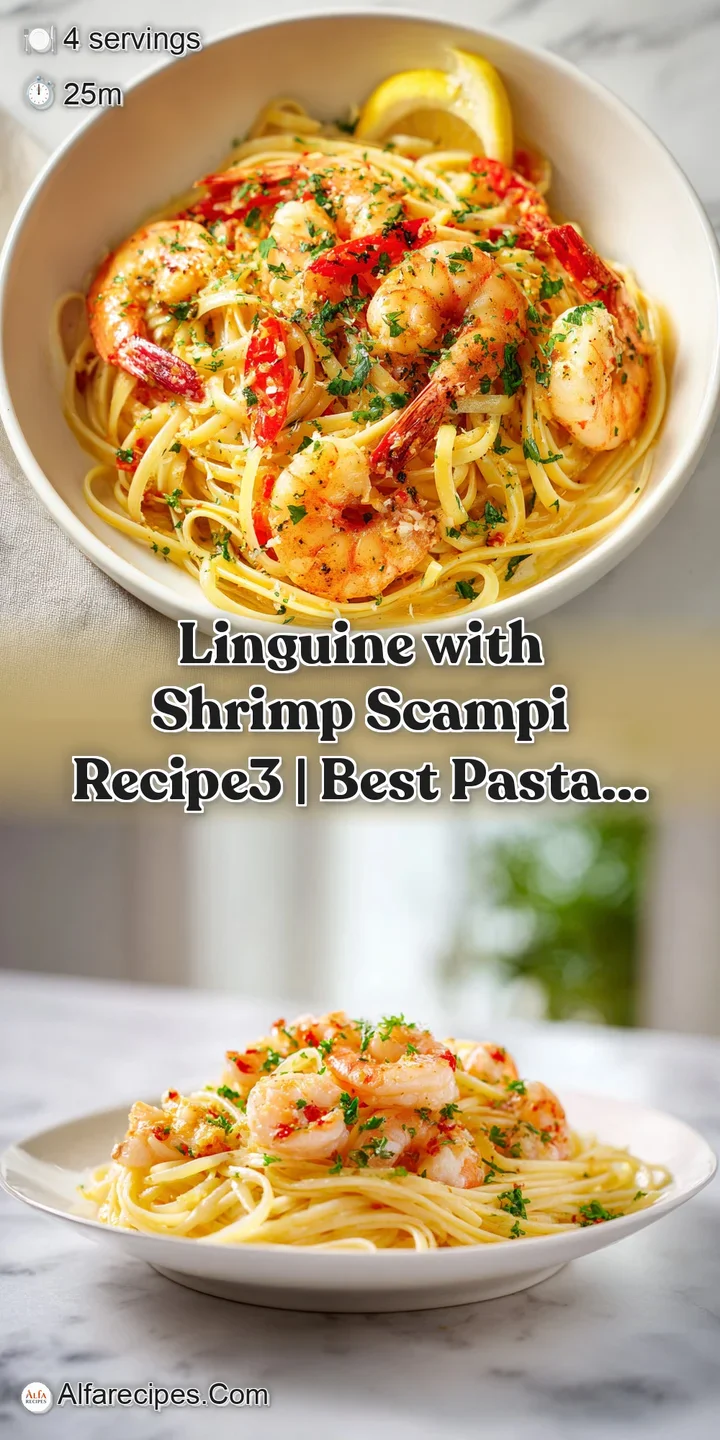 Close-up of tender shrimp nestled amongst glossy, butter-kissed linguine, with flecks of red pepper visible.