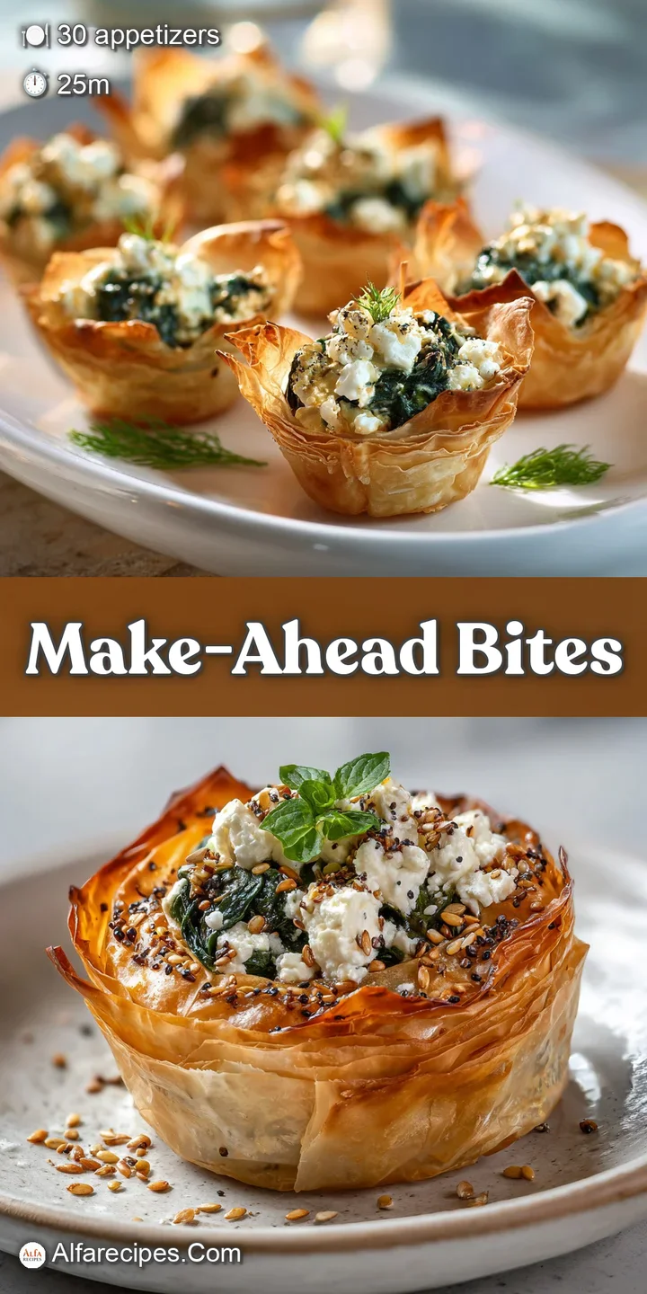 Up-close view of a savory filo cup; flaky layers give way to a rich spinach and feta filling with a tempting, golden crust.