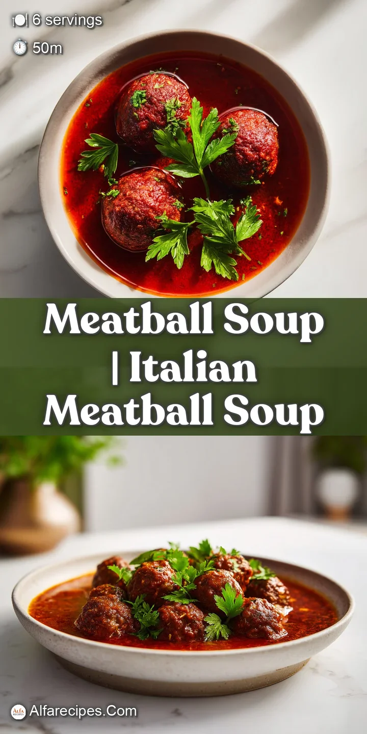 Close-up of glistening brown meatballs and diced orange carrots floating in a hot, steaming, golden-hued broth.